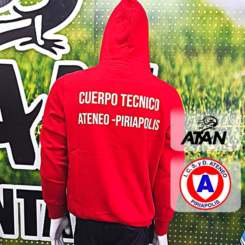Buzo canguro de I.C.S. y D. Ateneo confeccionada por ATAN, sublimado total